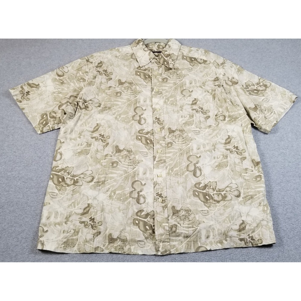Roundtree & Yorke Button Up Shirt Mens XLT Green Tan Floral Aloha Hawaiian Camp
